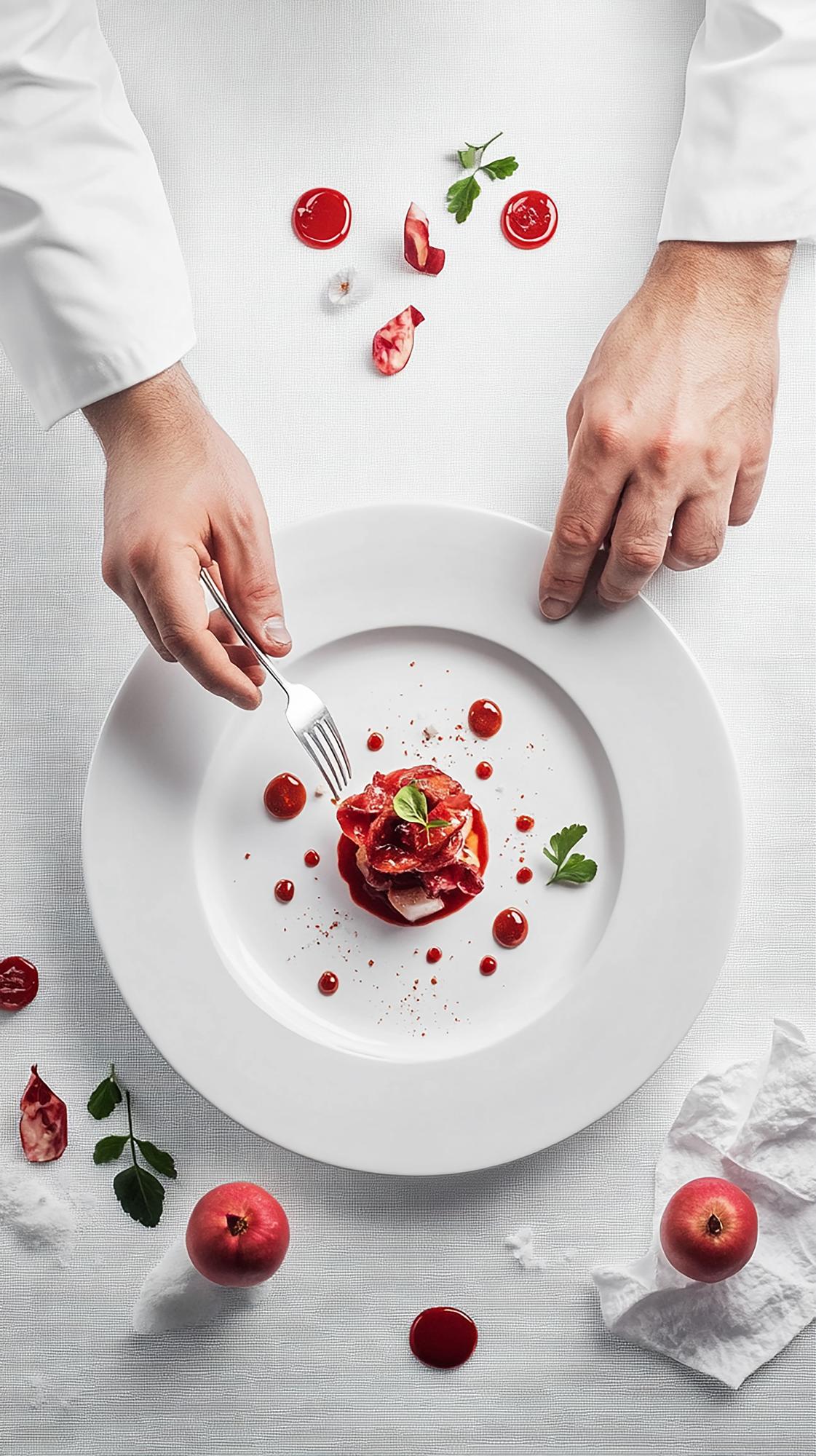 Instructor plating a modern dish during workshop